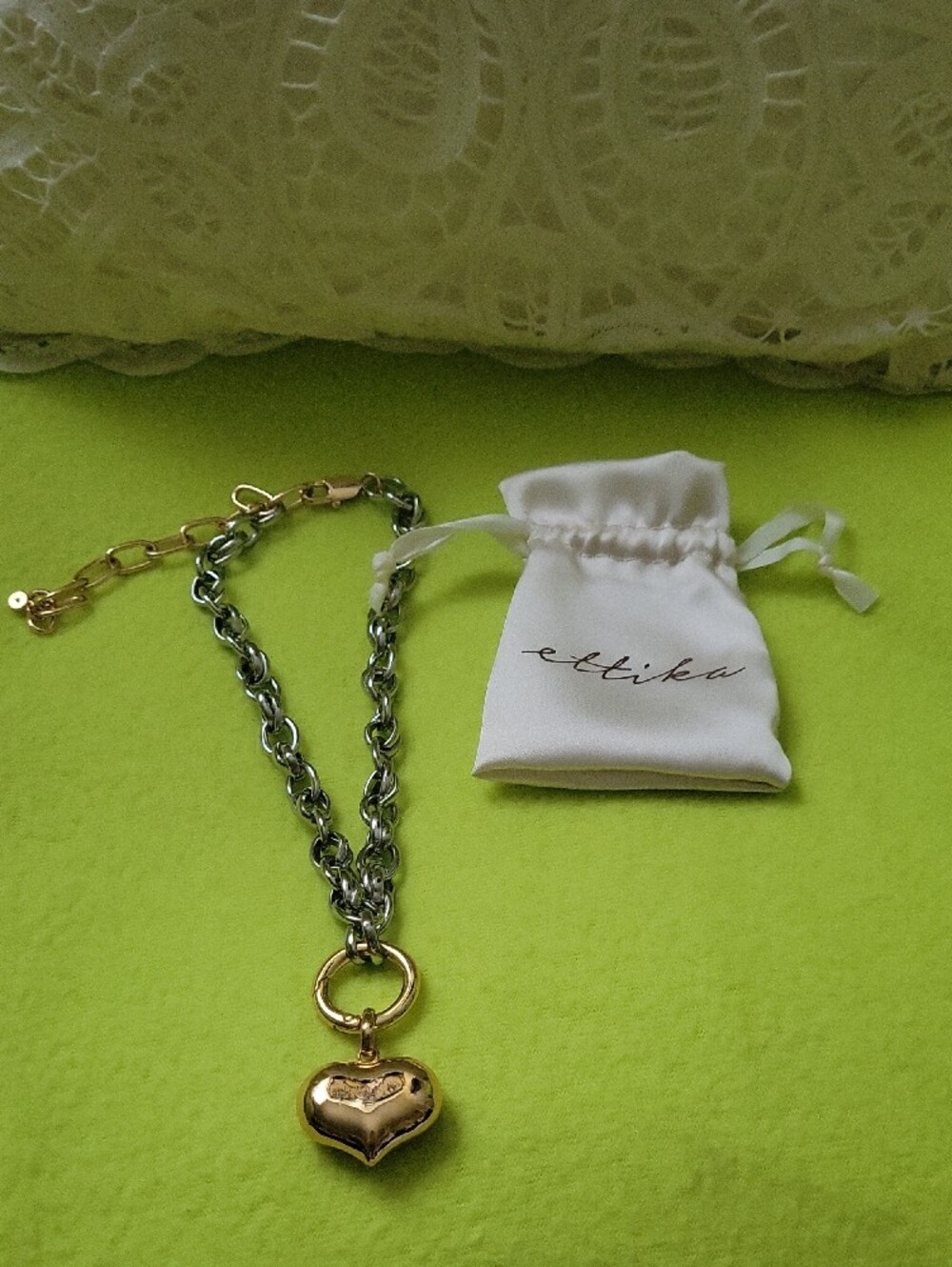 Two-Tone Heart Charm Chain Necklace - Gold & Silver - Picture 3 of 6